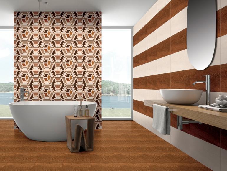 Elegant wooden bathroom design with a floral accent wall, modern black vanity, double mirrors, and a sleek bathtub.